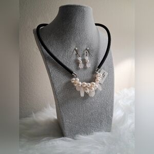 NWT Rose Quartz, Fresh Water Pearls With Sterling Silver On A Black Cord